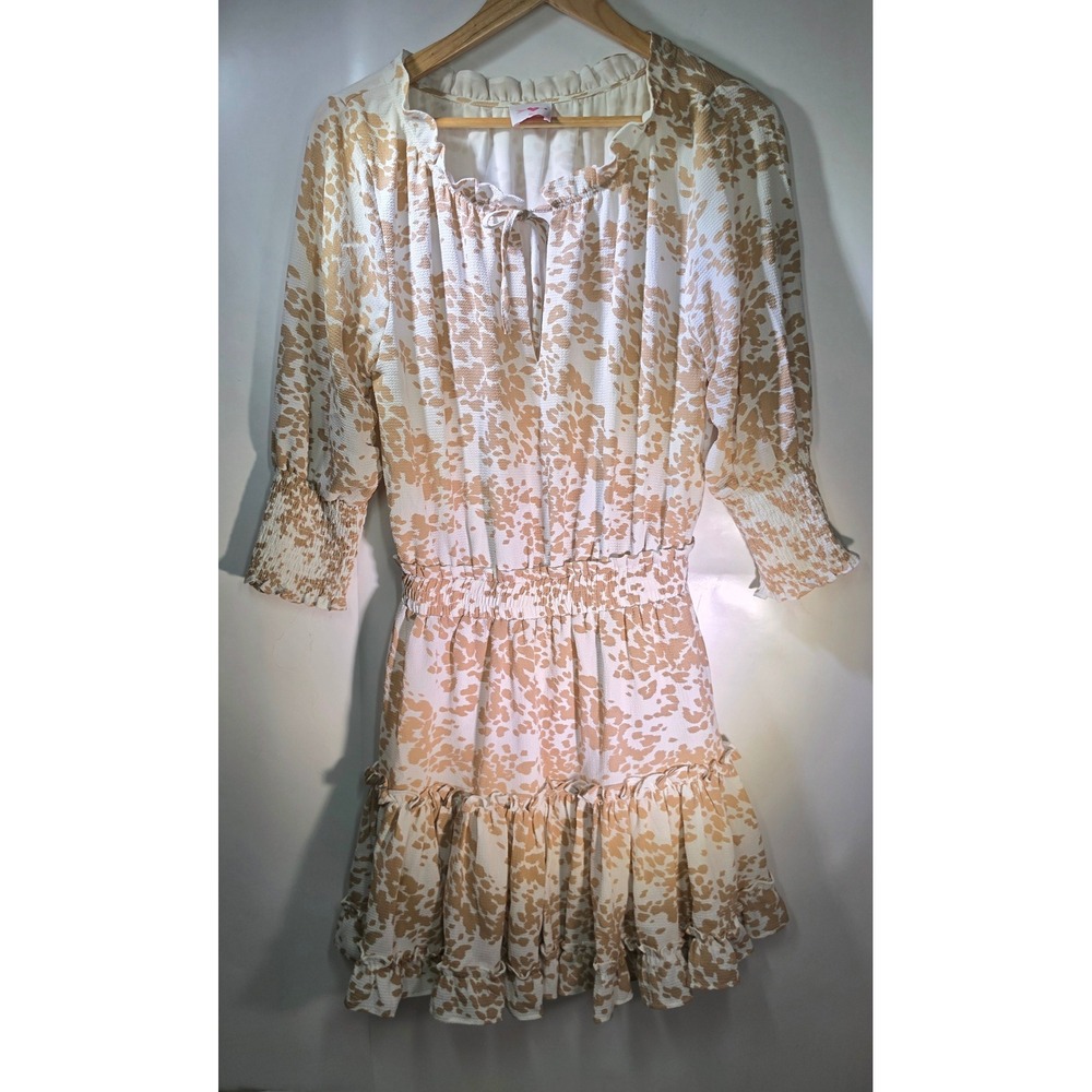 BuddyLove Smocked Mini Dress Womens Small Tan White Fawn Animal Ruffle Keyhole